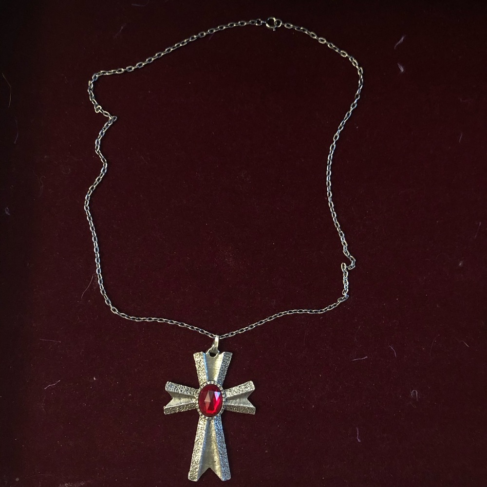 Red Stone Silver Cross Necklace